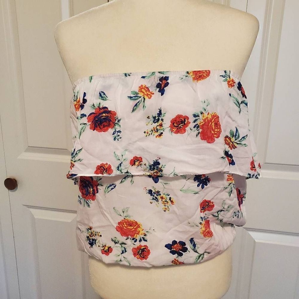 Black Poppy White Floral Strapless Top Medium